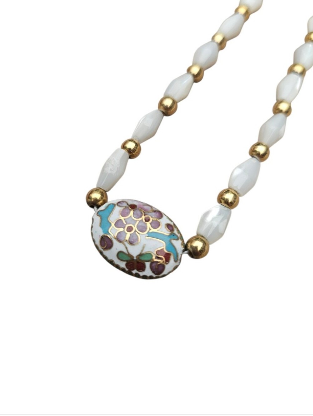 Vintage Milk Glass Bead Cloisonne Necklace